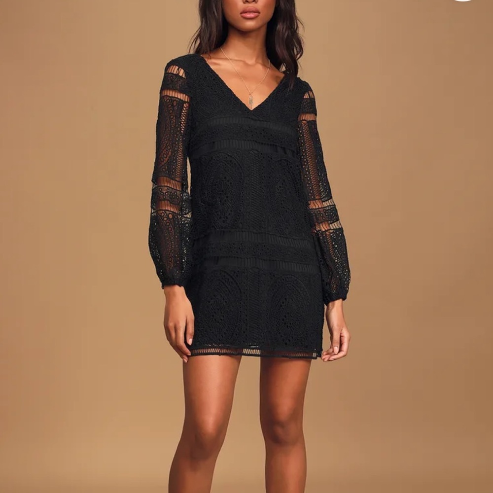 Lulu’s Til The End Of Time Black Lace Long Sleeve Mini Shift Dress